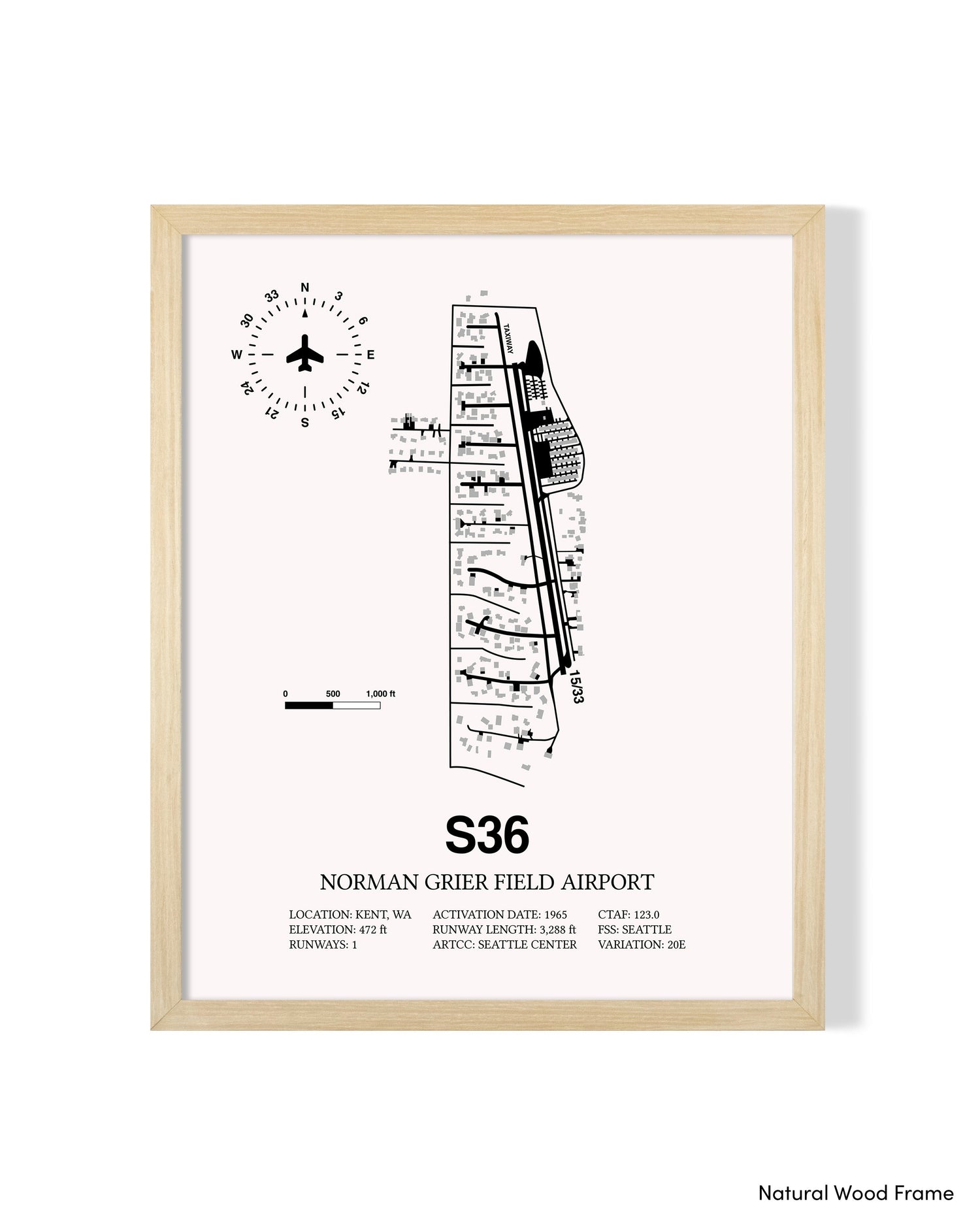 Detailed Airport Map of Norman Grier Field Airport (S36) in White with a Natural Frame