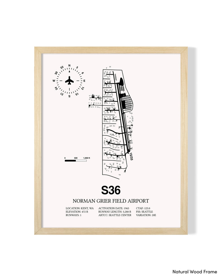 Detailed Airport Map of Norman Grier Field Airport (S36) in White with a Natural Frame