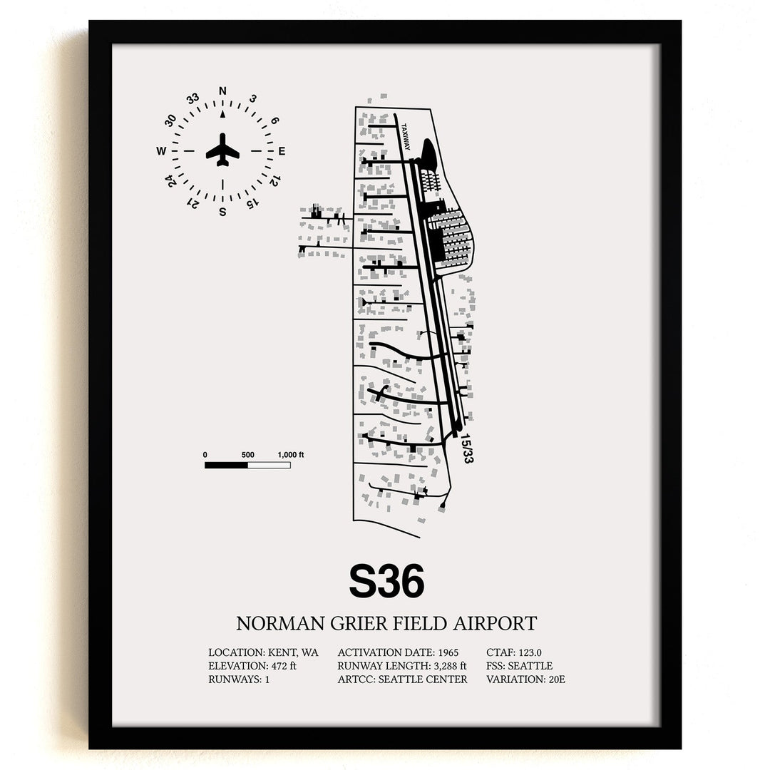 Framed Detailed Airport Map of Norman Grier Field Airport (S36) in White with a Black Frame