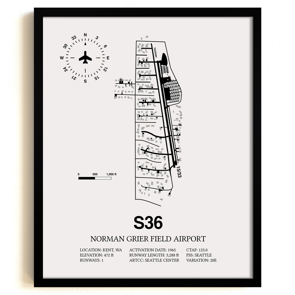 Framed Detailed Airport Map of Norman Grier Field Airport (S36) in White with a Black Frame