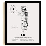 Framed Detailed Airport Map of Norman Grier Field Airport (S36) in White with a Black Frame