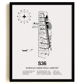 Framed Detailed Airport Map of Norman Grier Field Airport (S36) in White with a Black Frame