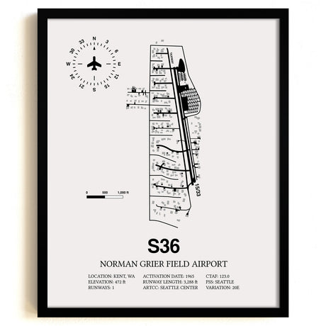 Framed Detailed Airport Map of Norman Grier Field Airport (S36) in White with a Black Frame