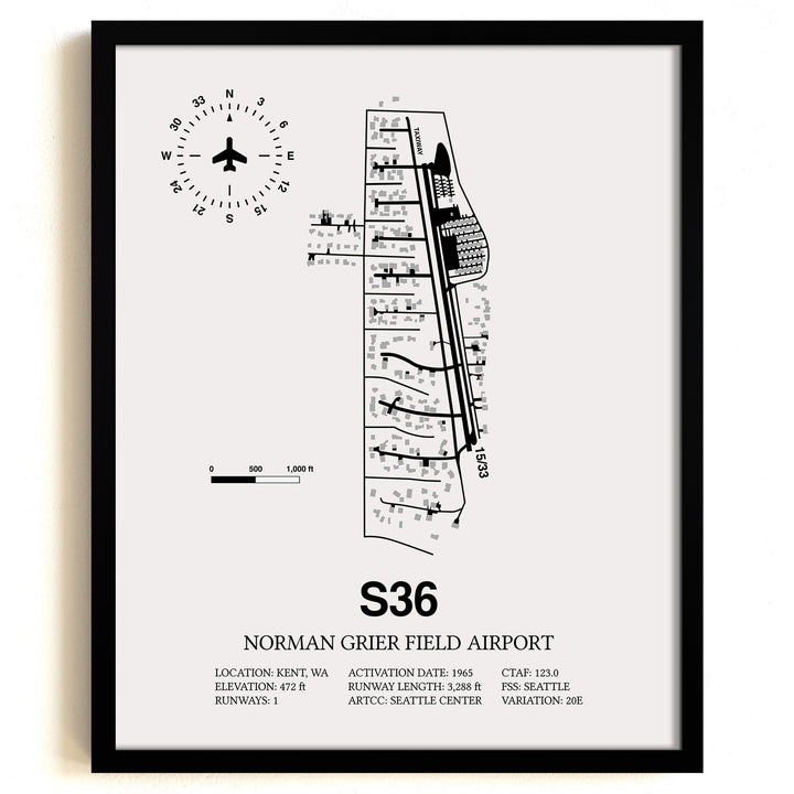 Framed Detailed Airport Map of Norman Grier Field Airport (S36) in White with a Black Frame