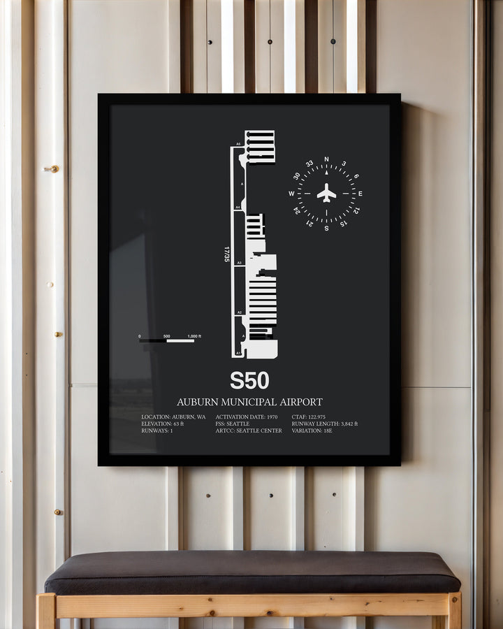 Framed Detailed Airport Map of Auburn Municipal Airport (S50) in Gray with a Black Frame
