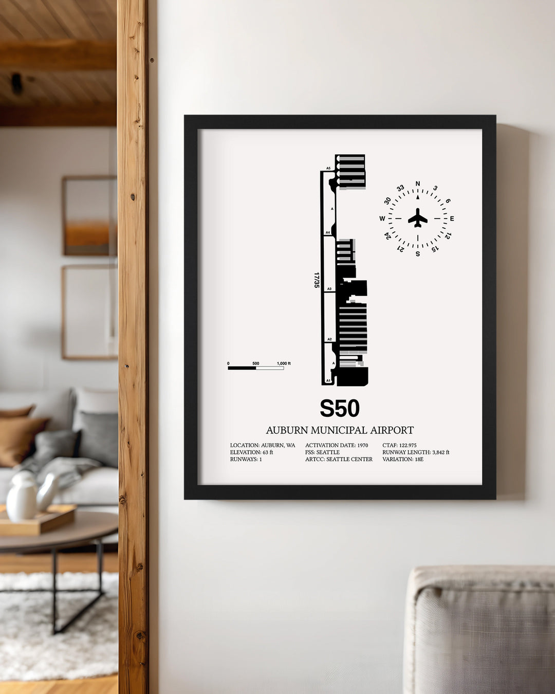 Framed Detailed Airport Map of Auburn Municipal Airport (S50) in White with a Black Frame