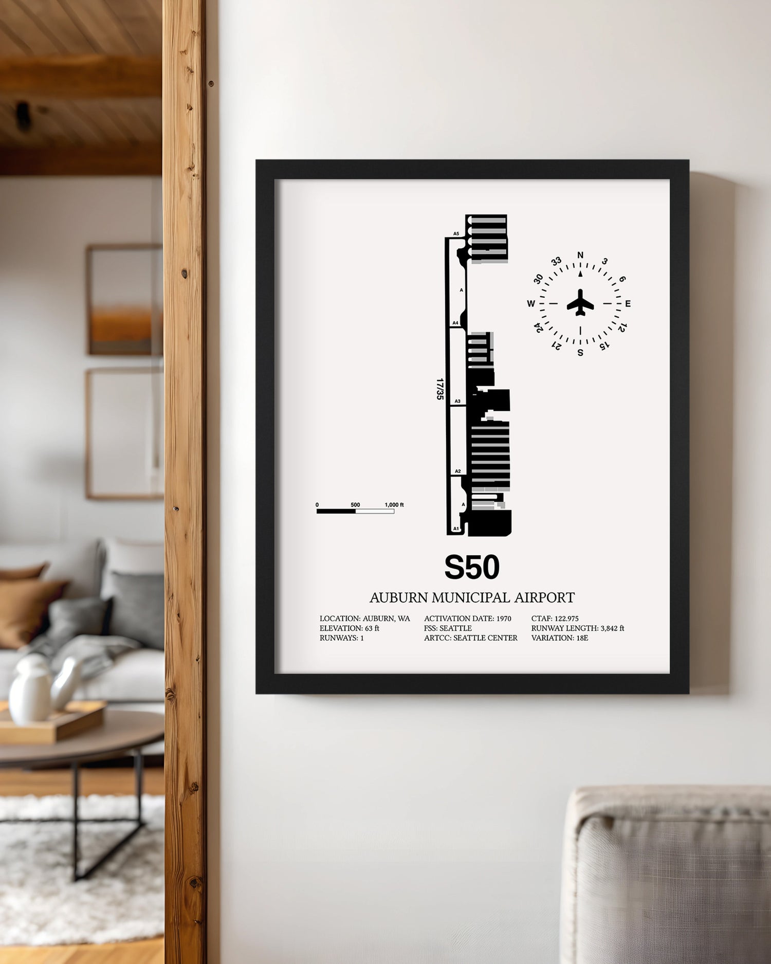 Framed Detailed Airport Map of Auburn Municipal Airport (S50) in White with a Black Frame