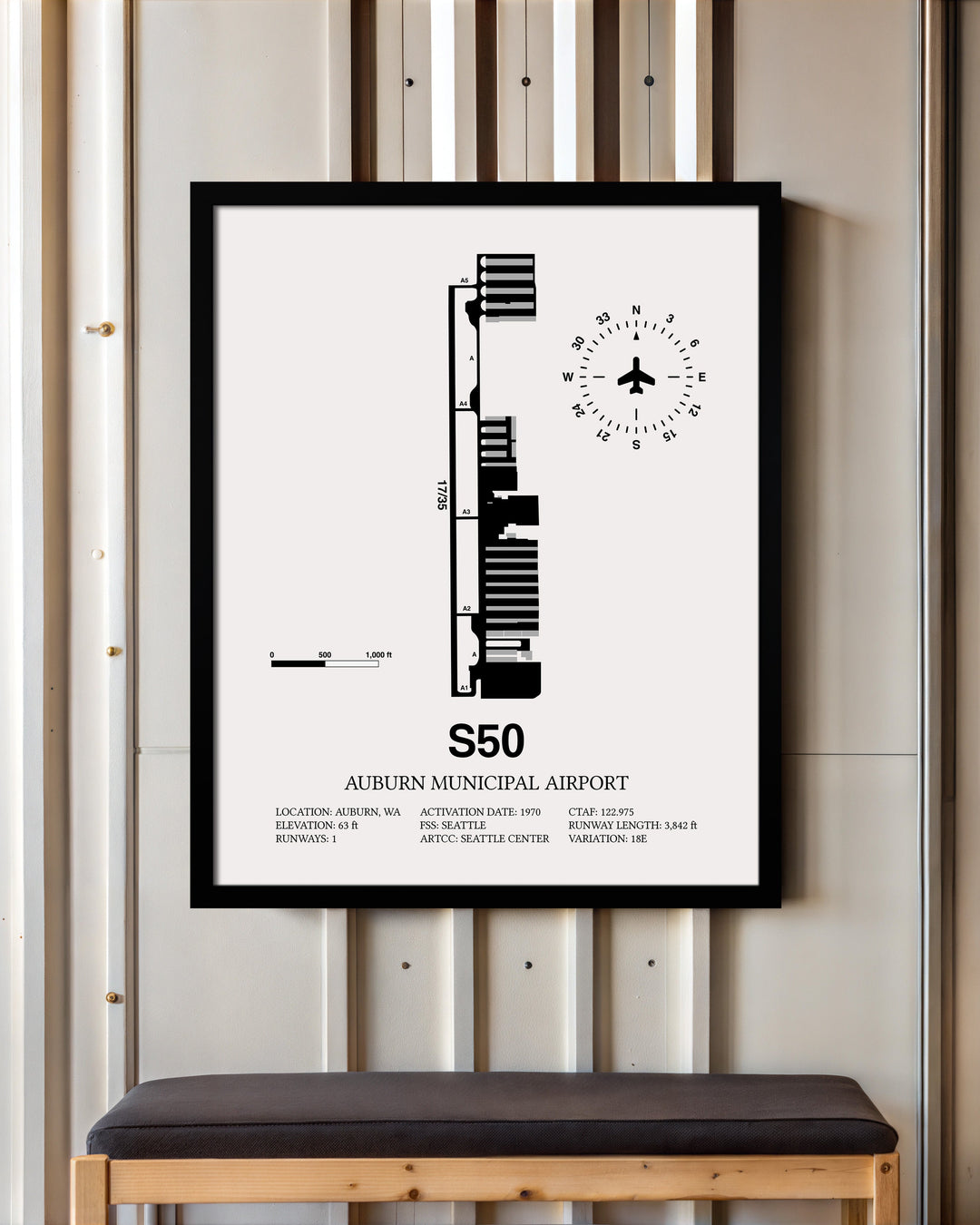 Framed Detailed Airport Map of Auburn Municipal Airport (S50) in White with a Black Frame