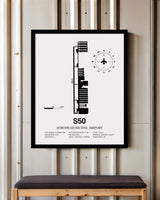Framed Detailed Airport Map of Auburn Municipal Airport (S50) in White with a Black Frame