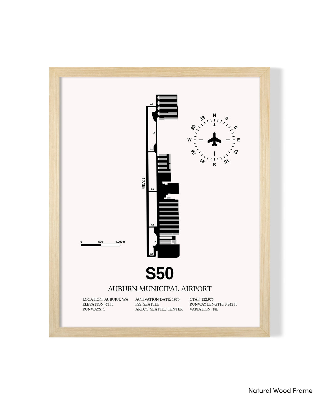 Detailed Airport Map of Auburn Municipal Airport (S50) in White with a Natural Frame