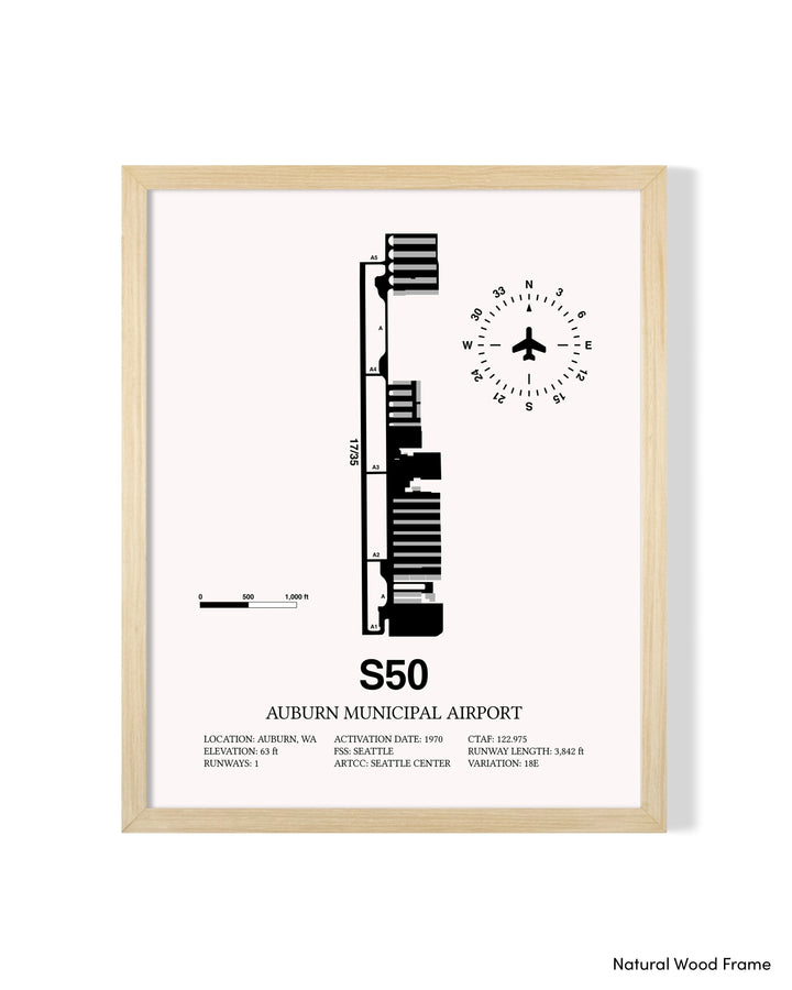 Detailed Airport Map of Auburn Municipal Airport (S50) in White with a Natural Frame