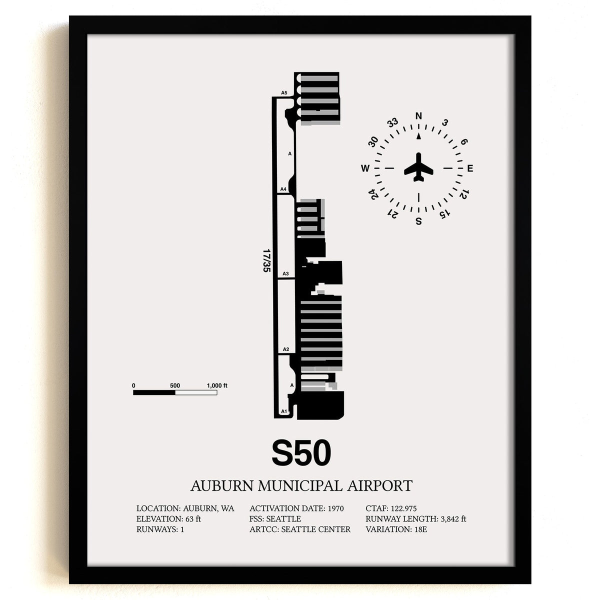 Framed Detailed Airport Map of Auburn Municipal Airport (S50) in White with a Black Frame