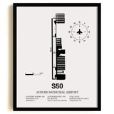 Framed Detailed Airport Map of Auburn Municipal Airport (S50) in White with a Black Frame