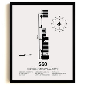 Framed Detailed Airport Map of Auburn Municipal Airport (S50) in White with a Black Frame