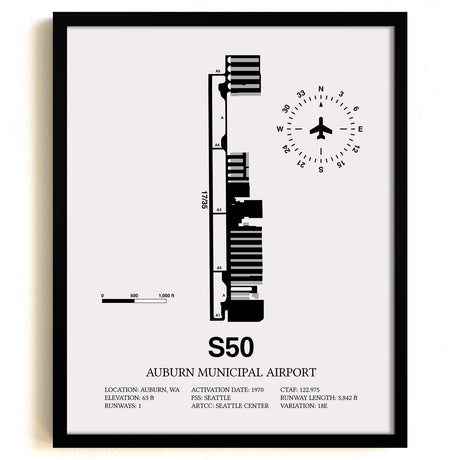 Framed Detailed Airport Map of Auburn Municipal Airport (S50) in White with a Black Frame