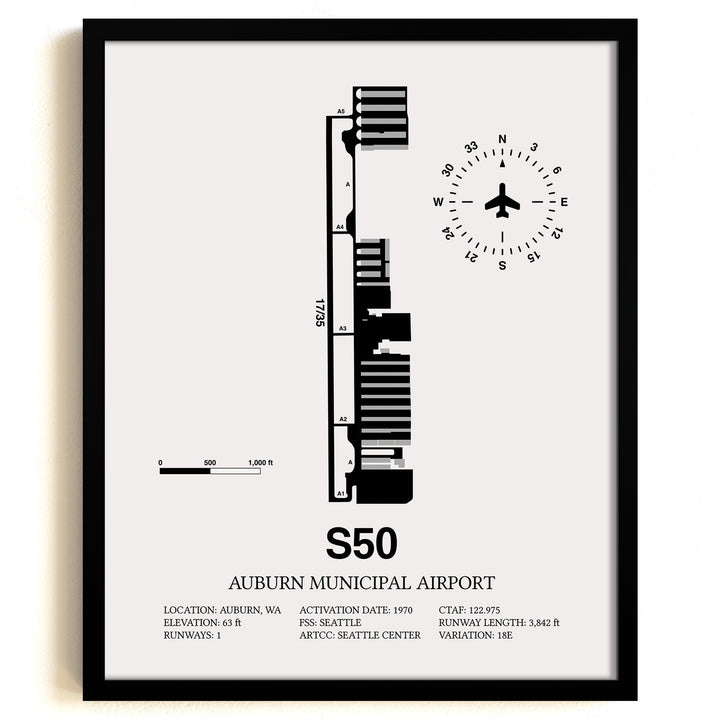 Framed Detailed Airport Map of Auburn Municipal Airport (S50) in White with a Black Frame