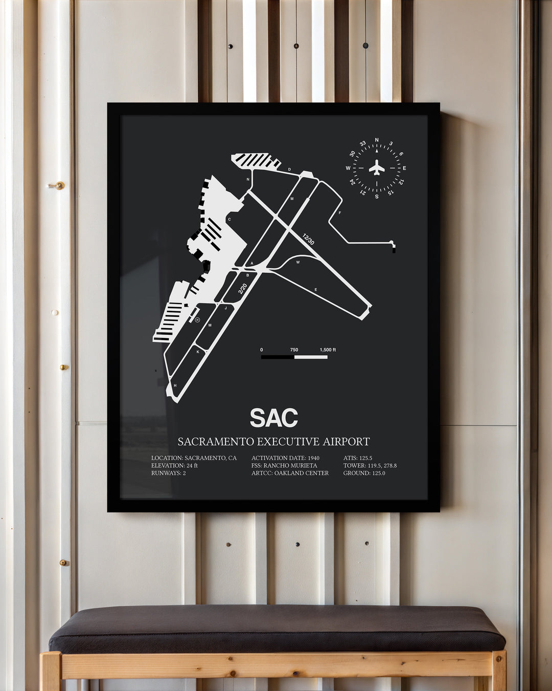 Framed Detailed Airport Map of Sacramento Executive Airport (SAC) in Gray with a Black Frame