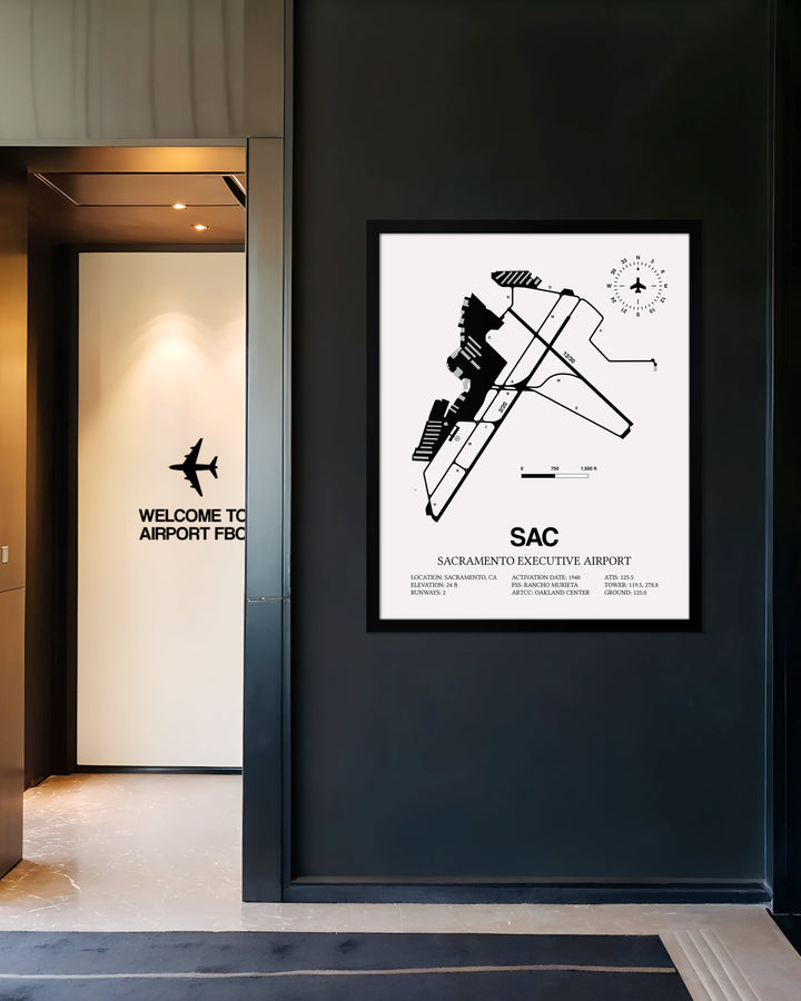 Framed Detailed Airport Map of Sacramento Executive Airport (SAC) in White with a Black Frame