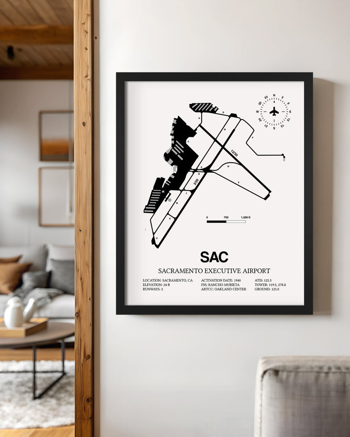 Framed Detailed Airport Map of Sacramento Executive Airport (SAC) in White with a Black Frame