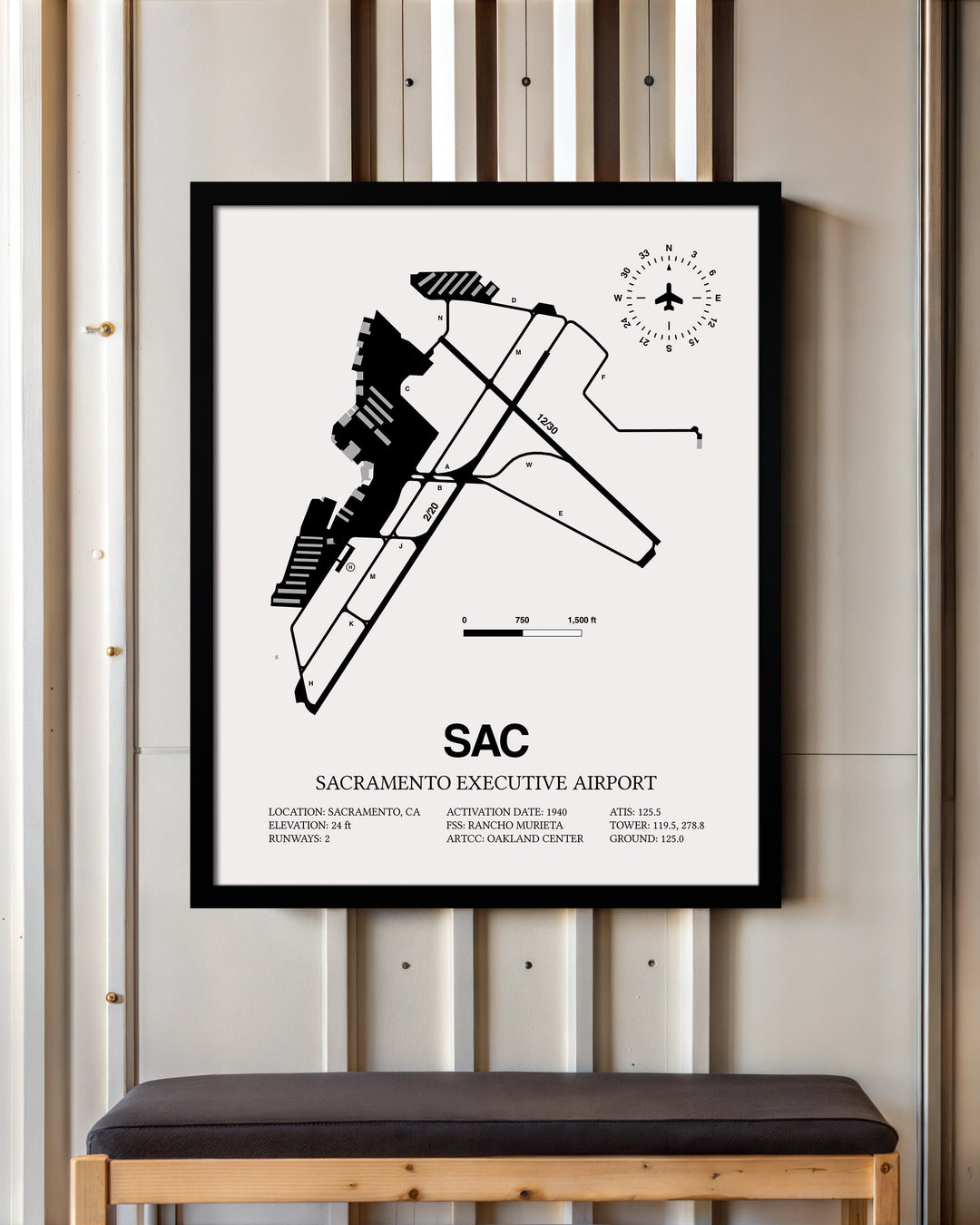 Framed Detailed Airport Map of Sacramento Executive Airport (SAC) in White with a Black Frame