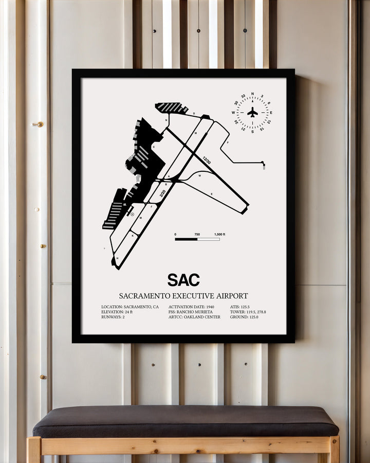 Framed Detailed Airport Map of Sacramento Executive Airport (SAC) in White with a Black Frame