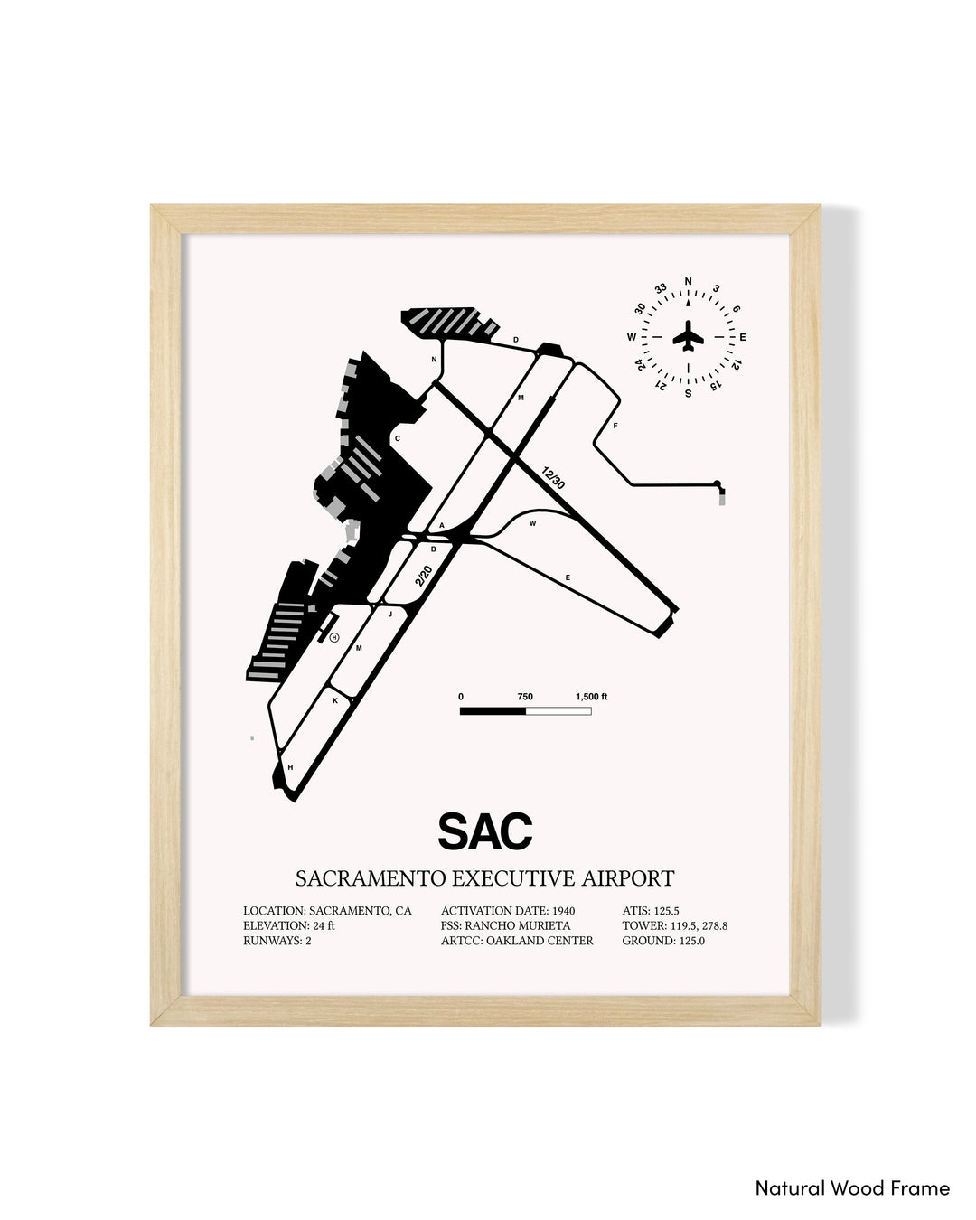 Detailed Airport Map of Sacramento Executive Airport (SAC) in White with a Natural Frame