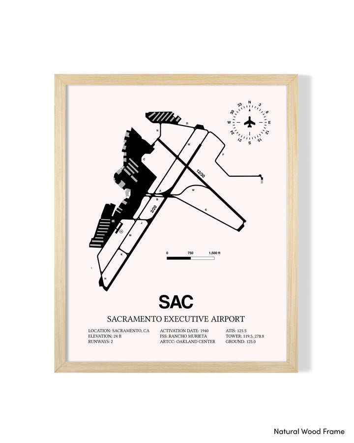 Detailed Airport Map of Sacramento Executive Airport (SAC) in White with a Natural Frame