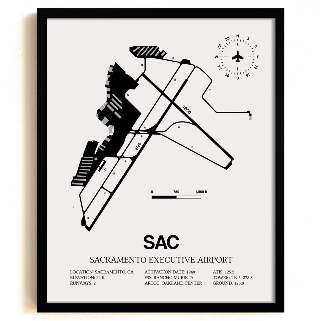 Framed Detailed Airport Map of Sacramento Executive Airport (SAC) in White with a Black Frame