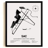 Framed Detailed Airport Map of Sacramento Executive Airport (SAC) in White with a Black Frame