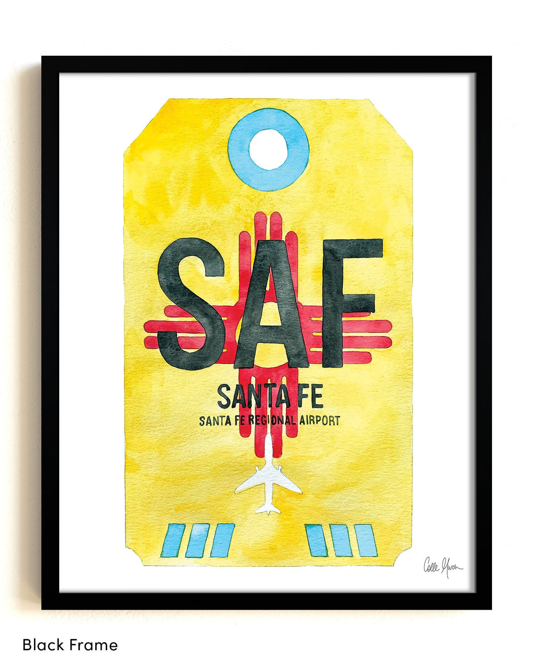 Framed Watercolor Print of Santa Fe Regional Airport (SAF) with a Black Frame