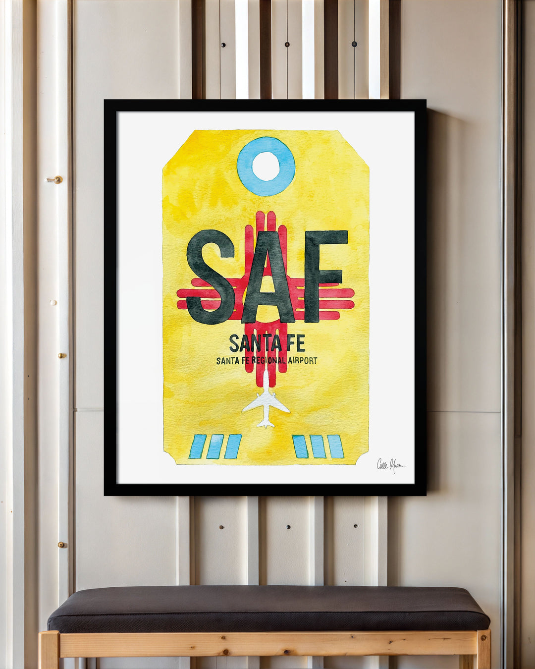 Framed Watercolor Print of Santa Fe Regional Airport (SAF) with a Black Frame