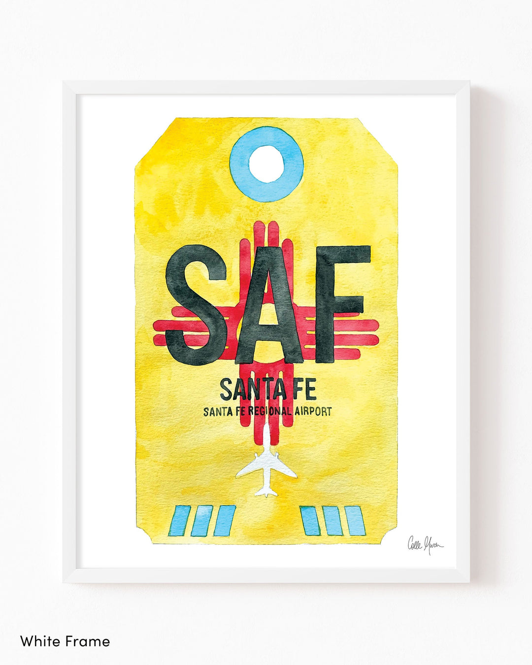 Framed Watercolor Print of Santa Fe Regional Airport (SAF) with a White Frame