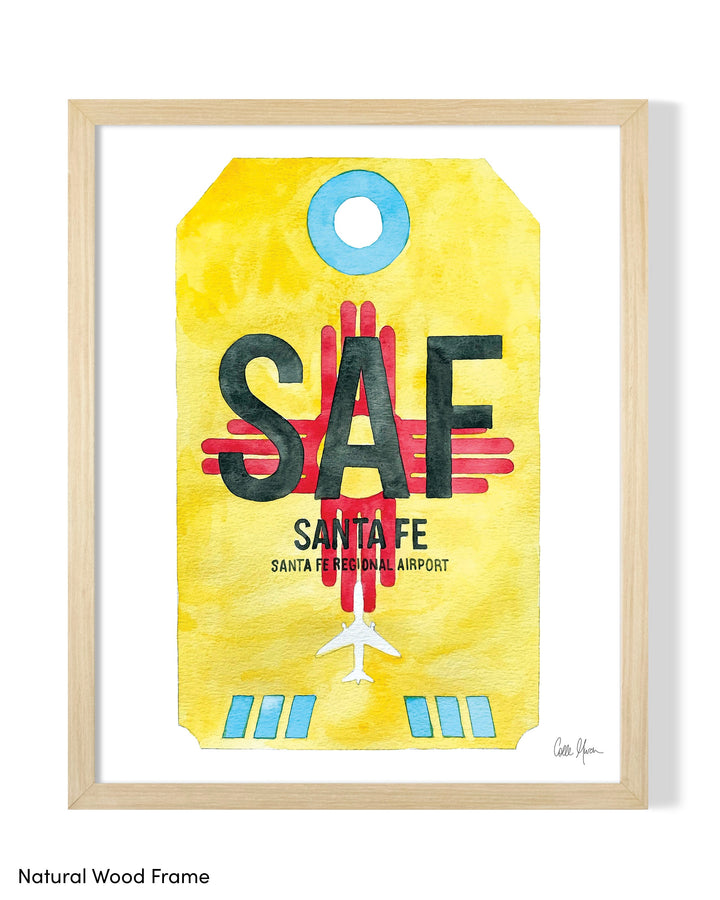 Framed Watercolor Print of Santa Fe Regional Airport (SAF) with a Natural Wood Frame
