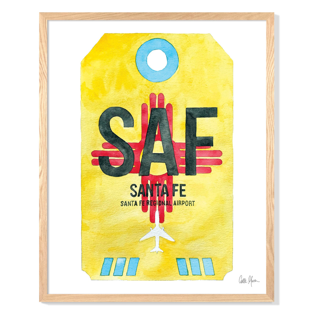 Framed Watercolor Print of Santa Fe Regional Airport (SAF) with an Oak Frame