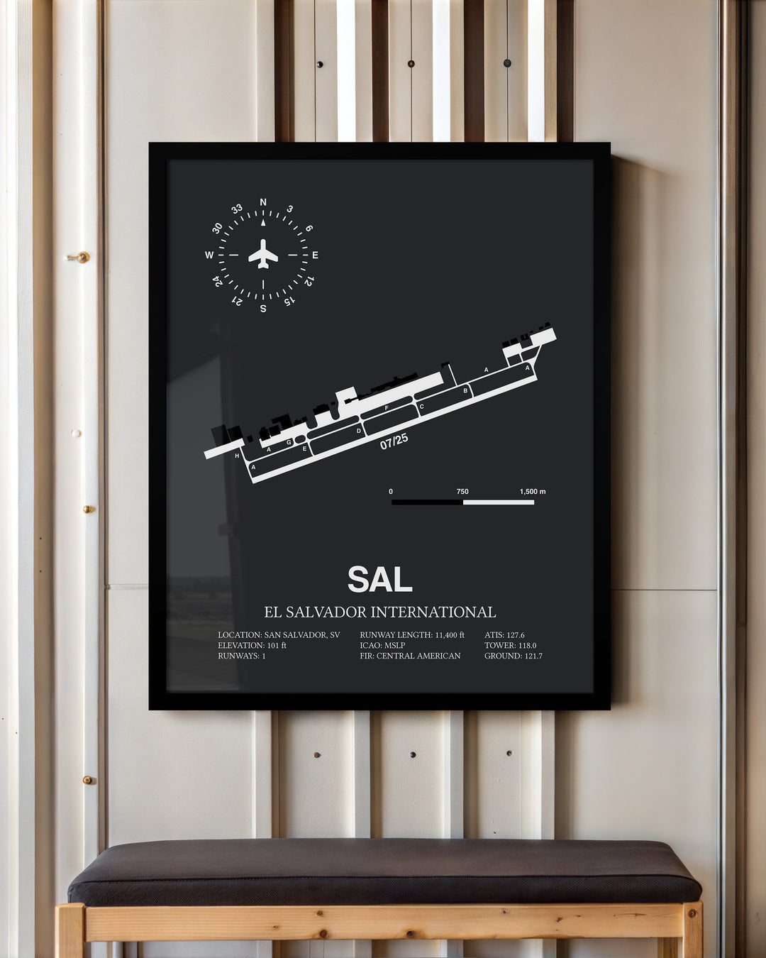 Framed Detailed Airport Map of El Salvador International Airport (SAL) in Gray with a Black Frame
