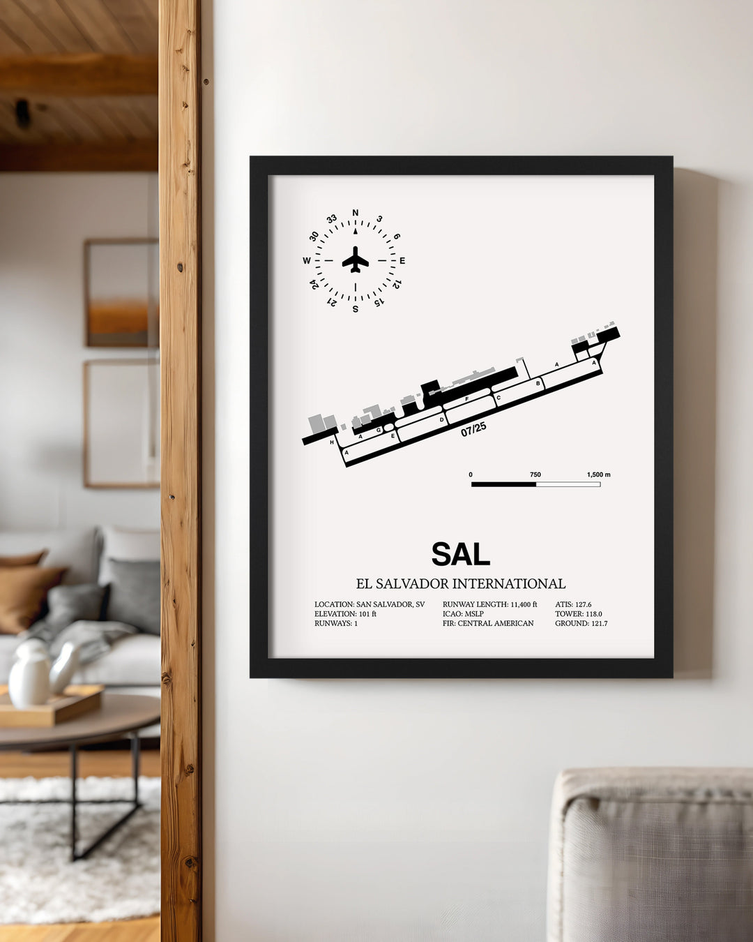 Framed Detailed Airport Map of El Salvador International Airport (SAL) in White with a Black Frame
