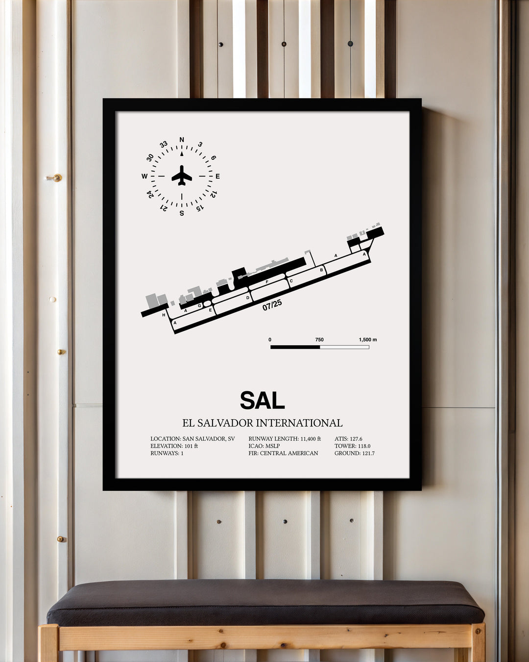 Framed Detailed Airport Map of El Salvador International Airport (SAL) in White with a Black Frame