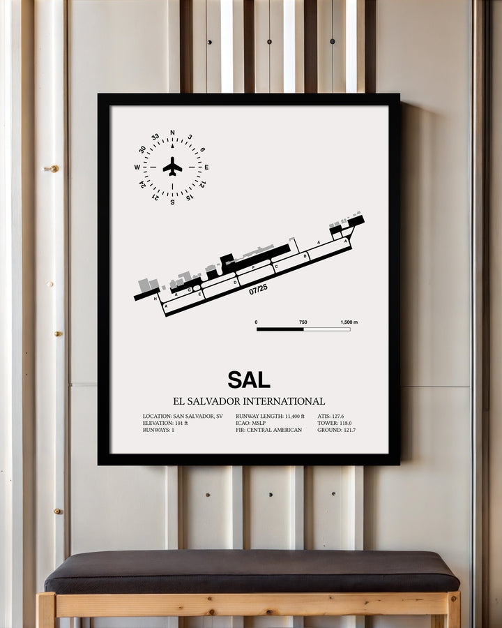 Framed Detailed Airport Map of El Salvador International Airport (SAL) in White with a Black Frame