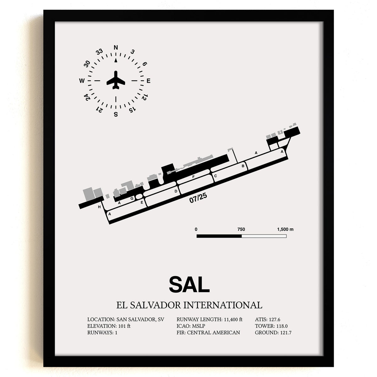 Framed Detailed Airport Map of El Salvador International Airport (SAL) in White with a Black Frame
