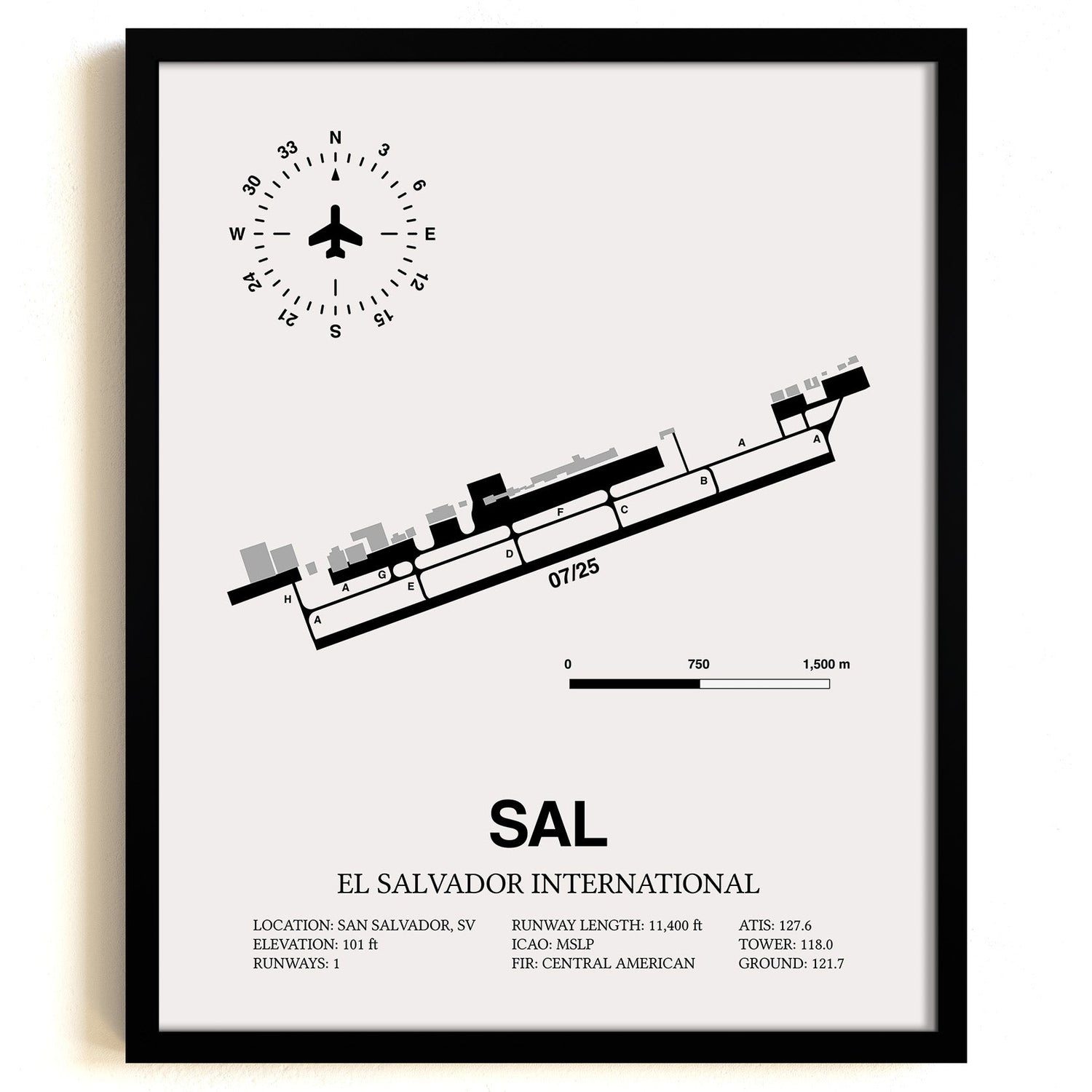 Framed Detailed Airport Map of El Salvador International Airport (SAL) in White with a Black Frame