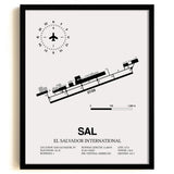 Framed Detailed Airport Map of El Salvador International Airport (SAL) in White with a Black Frame