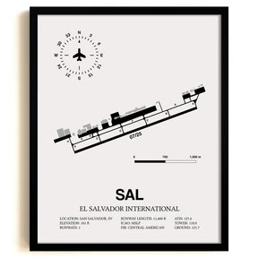 Framed Detailed Airport Map of El Salvador International Airport (SAL) in White with a Black Frame