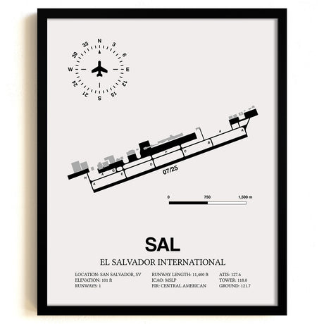 Framed Detailed Airport Map of El Salvador International Airport (SAL) in White with a Black Frame