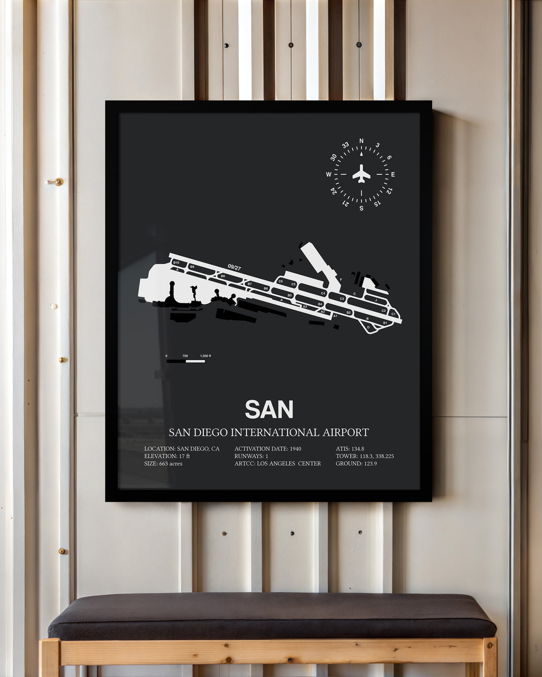 Framed Detailed Airport Map of San Diego International Airport (SAN) in Gray with a Black Frame
