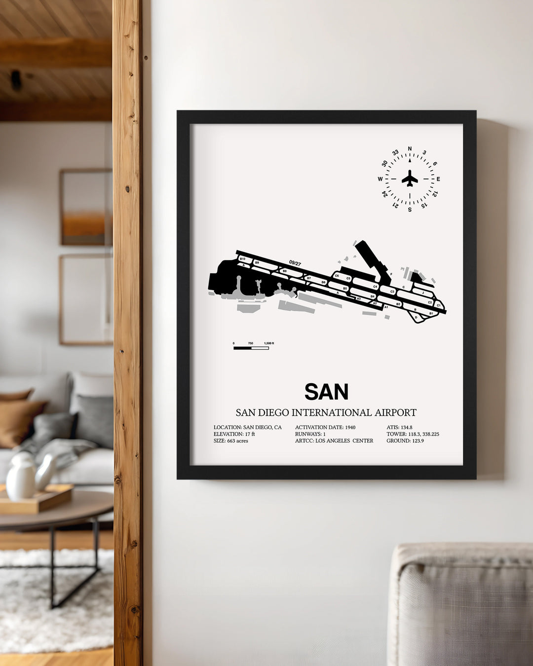 Framed Detailed Airport Map of San Diego International Airport (SAN) in White with a Black Frame