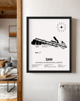 Framed Detailed Airport Map of San Diego International Airport (SAN) in White with a Black Frame