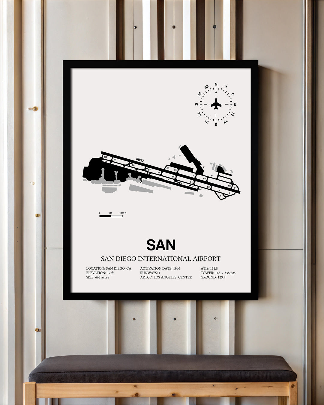 Framed Detailed Airport Map of San Diego International Airport (SAN) in White with a Black Frame