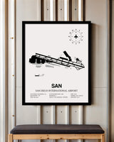 Framed Detailed Airport Map of San Diego International Airport (SAN) in White with a Black Frame
