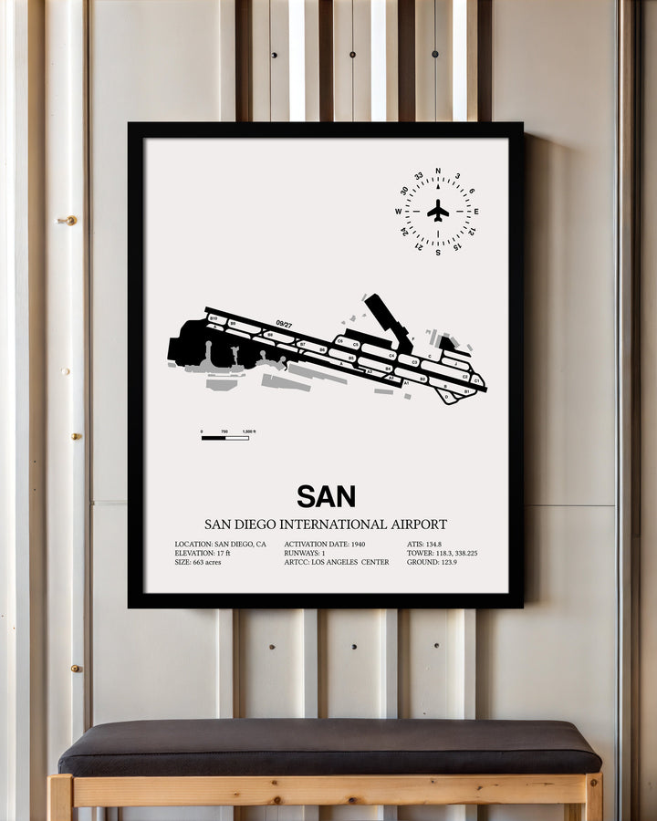Framed Detailed Airport Map of San Diego International Airport (SAN) in White with a Black Frame