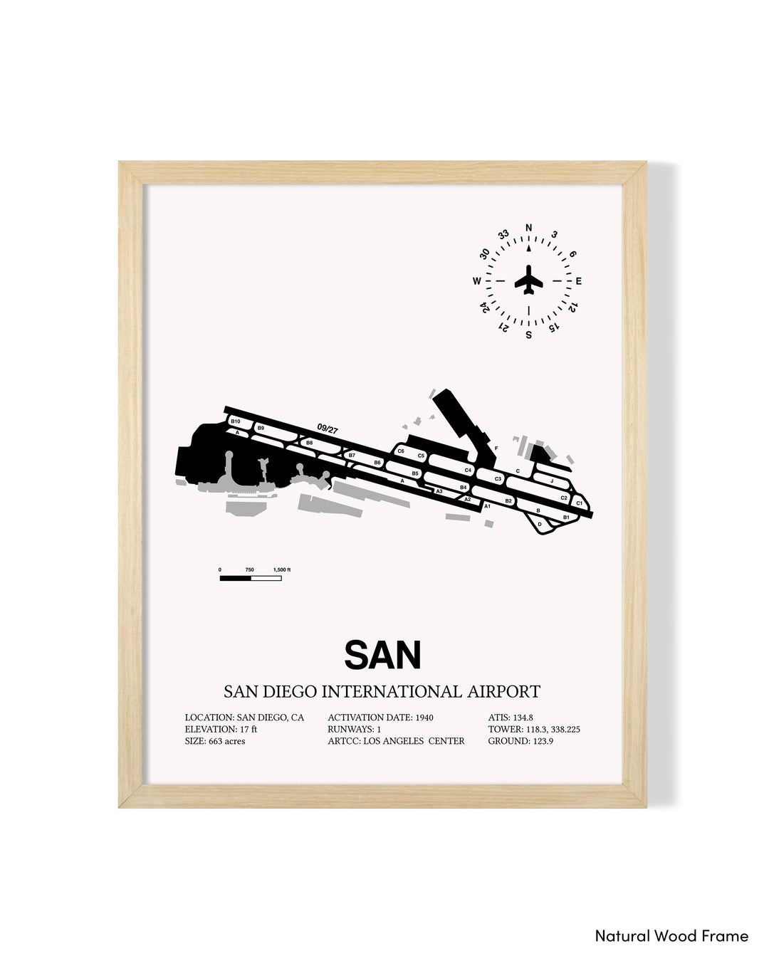 Detailed Airport Map of San Diego International Airport (SAN) in White with a Natural Frame